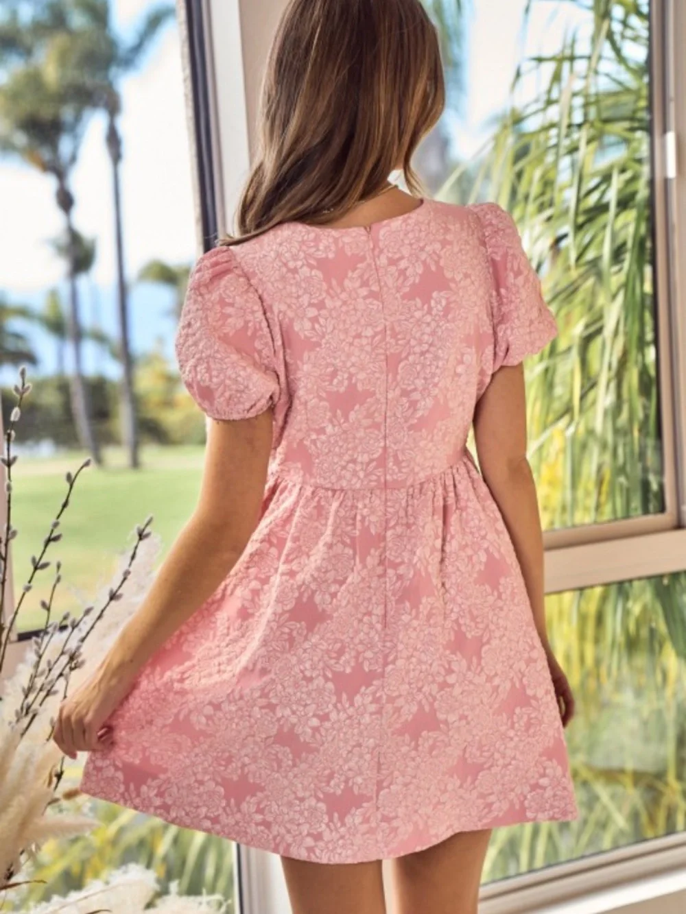 Jacquard Puff Sleeve Mini Dress Double Bow Detail - Picture 6 of 6